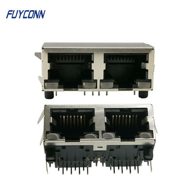 2 cổng 16 chân PCB Góc phải Đầu nối RJ45 Nữ với chất cách điện PBT